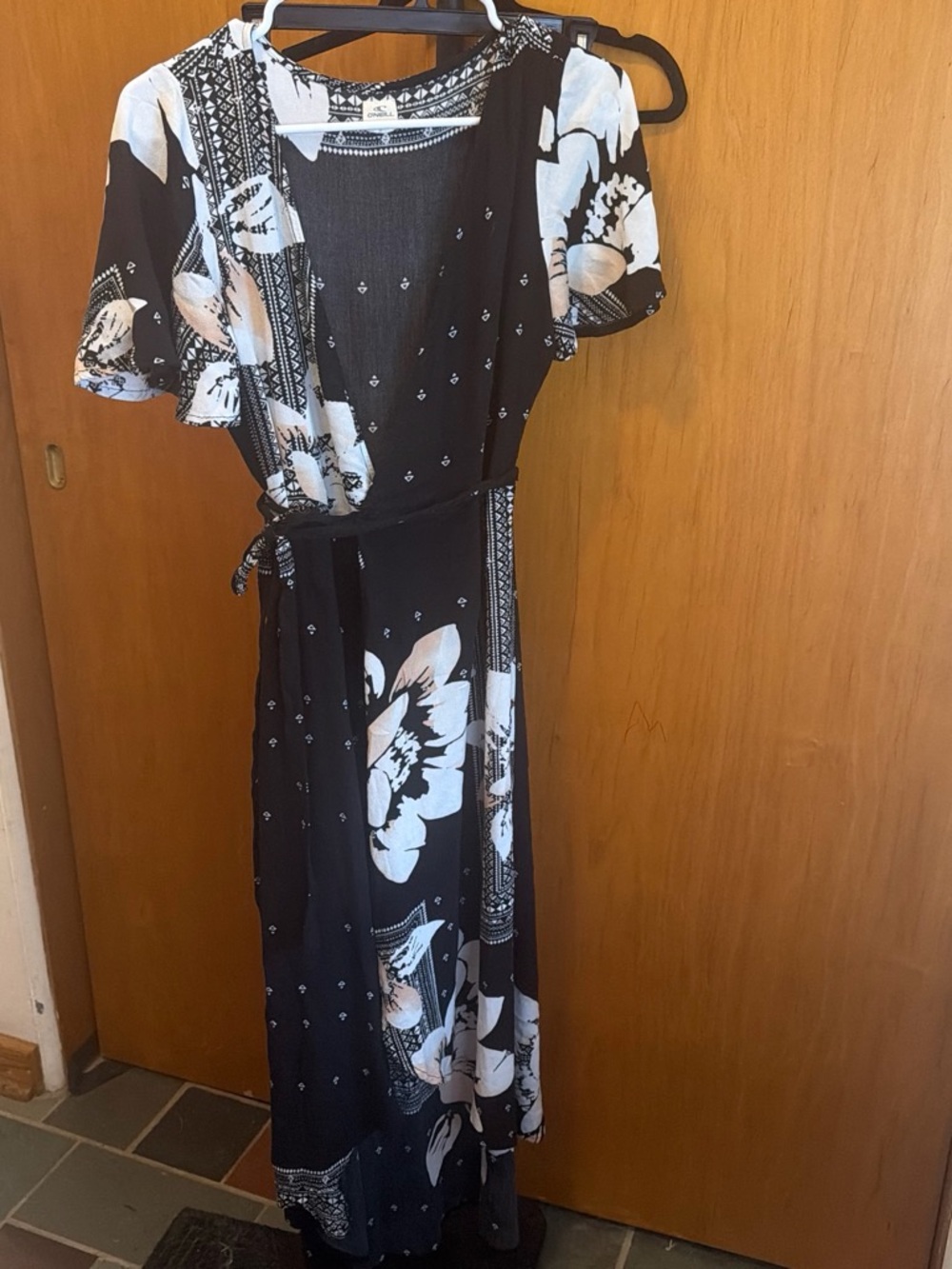 O'Neill Black and White Floral Wrap Maxi Dress